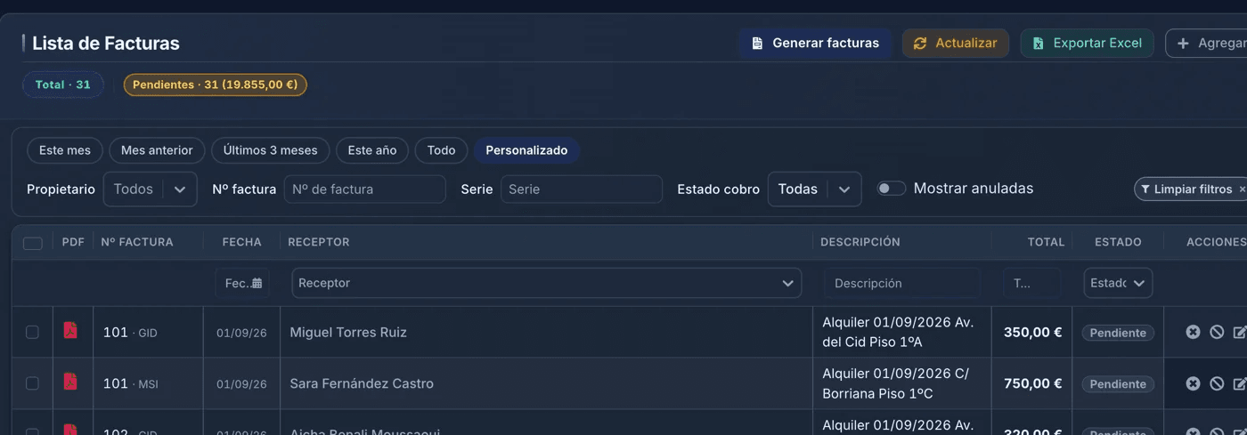 Facturación automática mensual, envío al inquilino y estado de cobro en un solo lugar.
